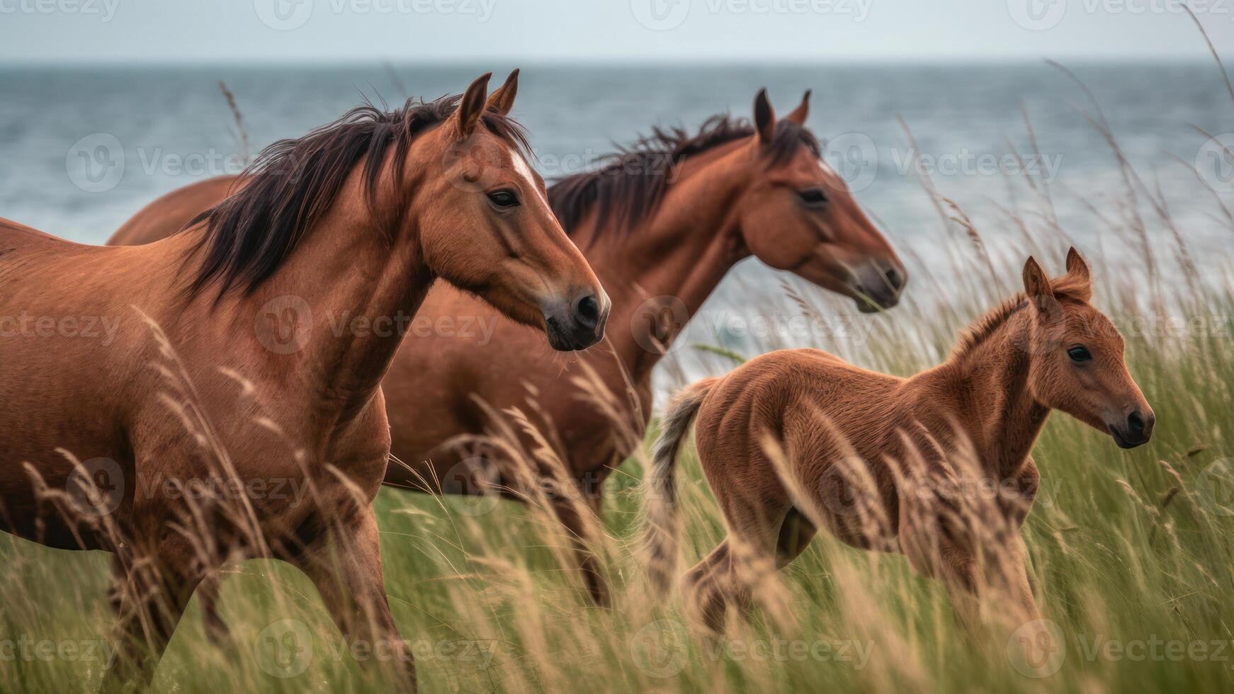 family of wild meadow horses photo