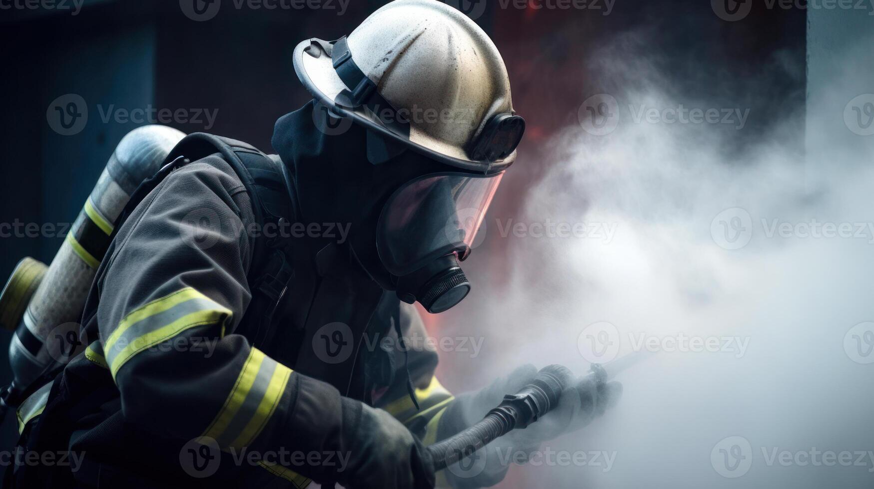 fireman in smoke with a hose puts out the fire photo