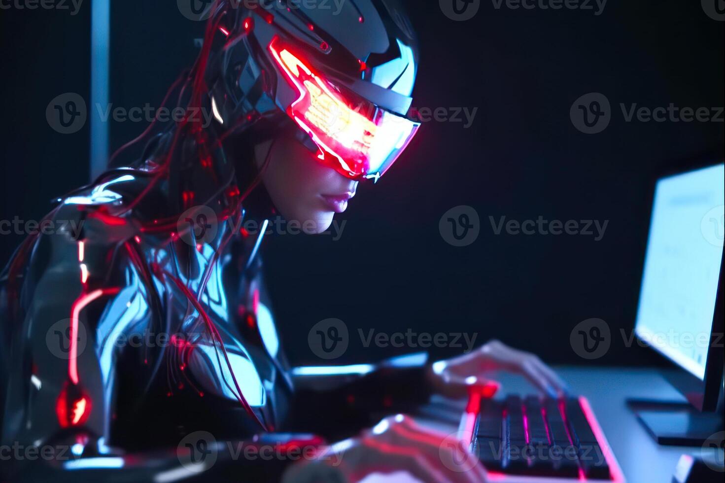 robot artificial intelligence works at a laptop computer neon light photo
