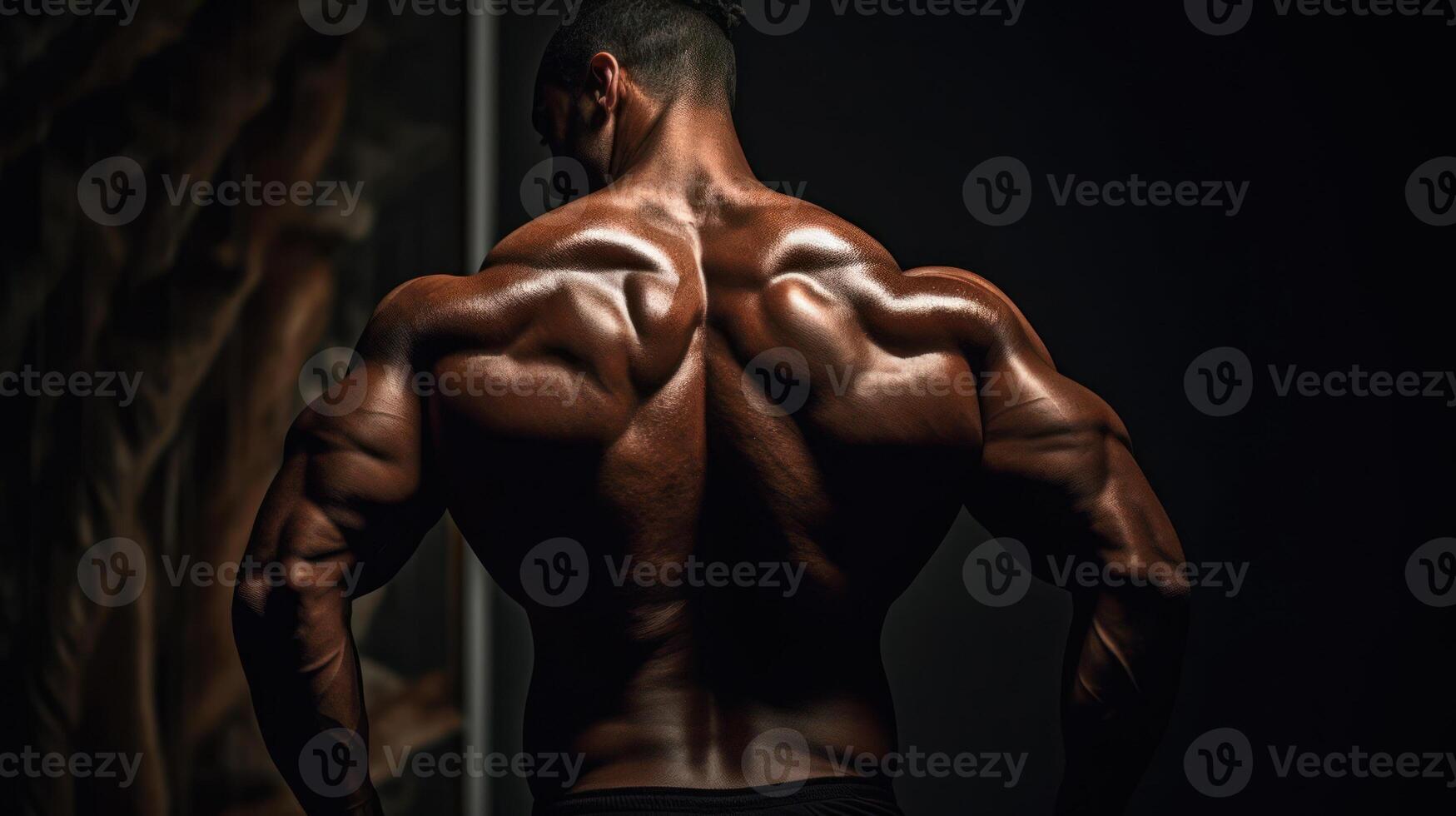 muscular man back view of a bodybuilder athlete in dark background photo