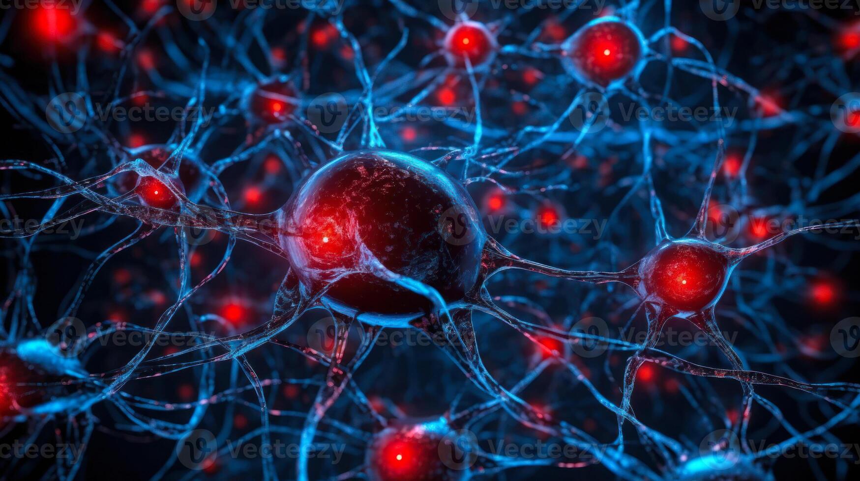 neural connections system in brain blue red background photo
