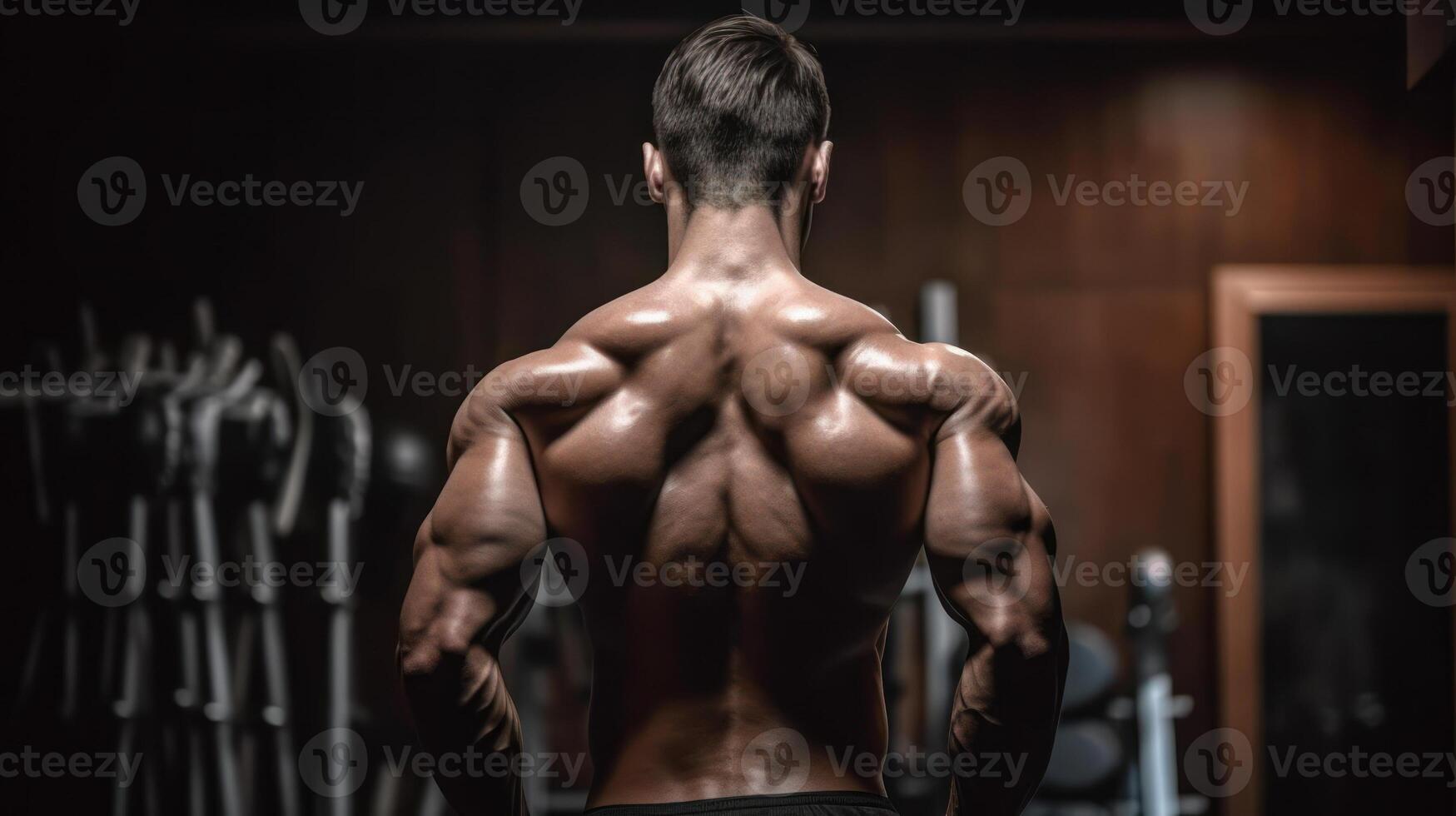 muscular hombre espalda ver de un carrocero atleta en oscuro antecedentes generativo ai foto