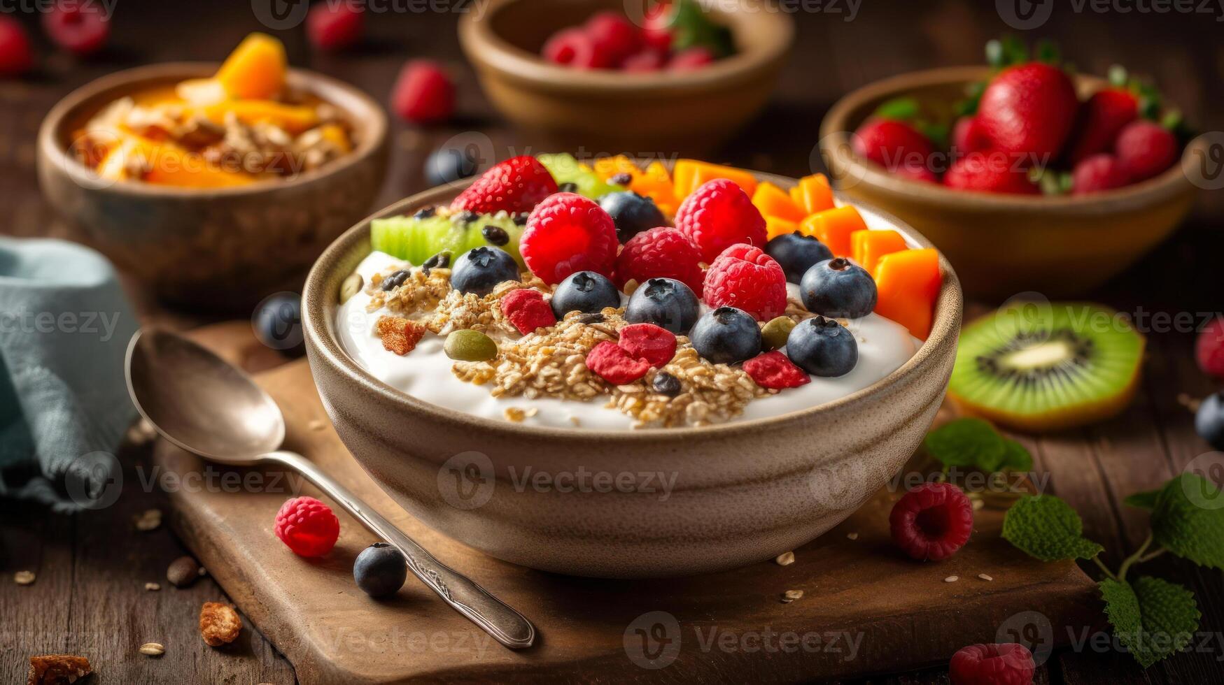 healthy breakfast bowl filled with cereal with berries photo
