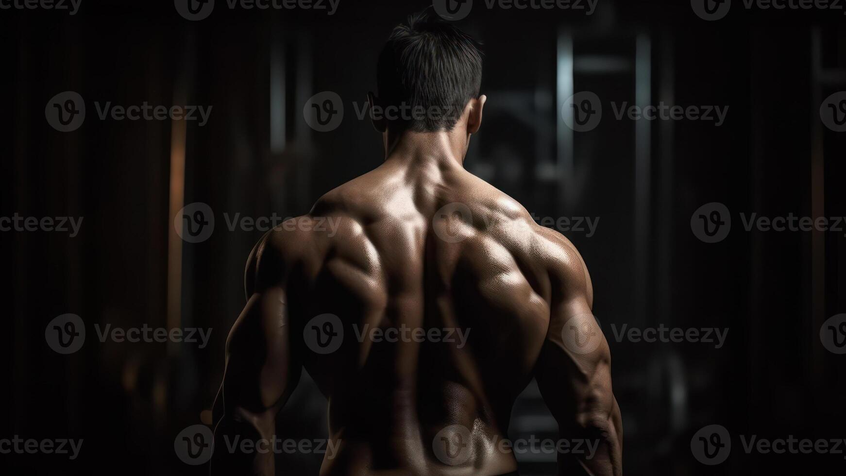 muscular man back view of a bodybuilder athlete in dark background photo