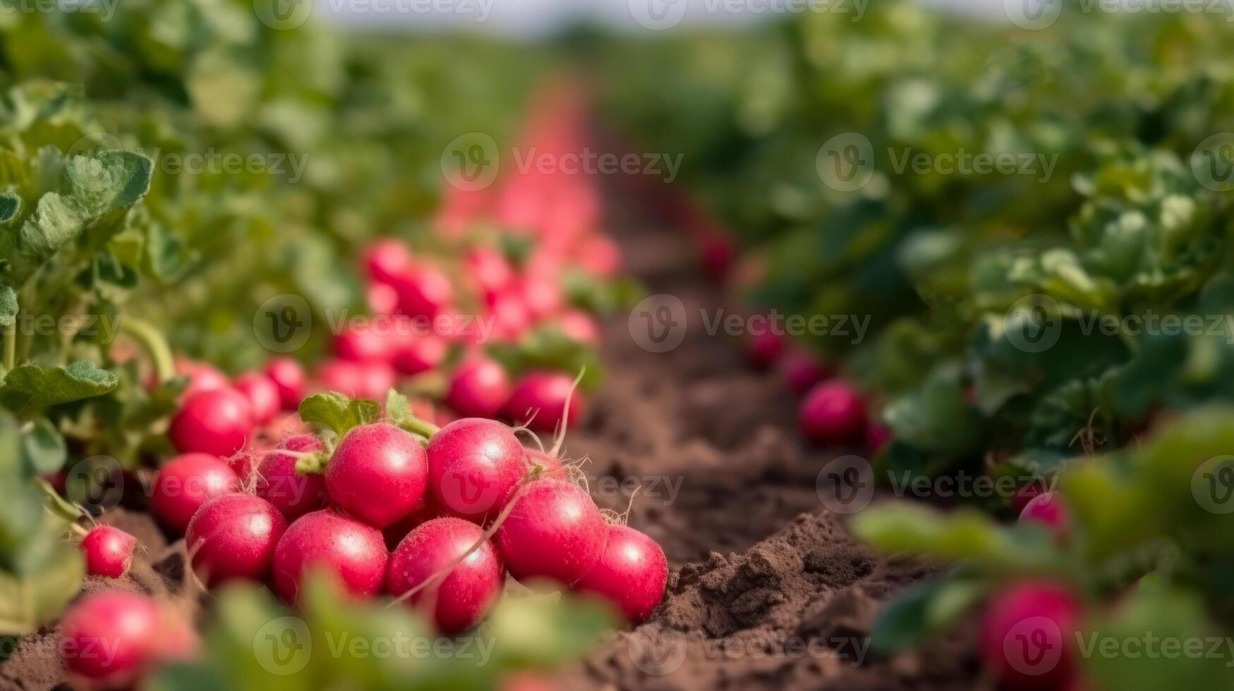 harvesting red radishes in field photo