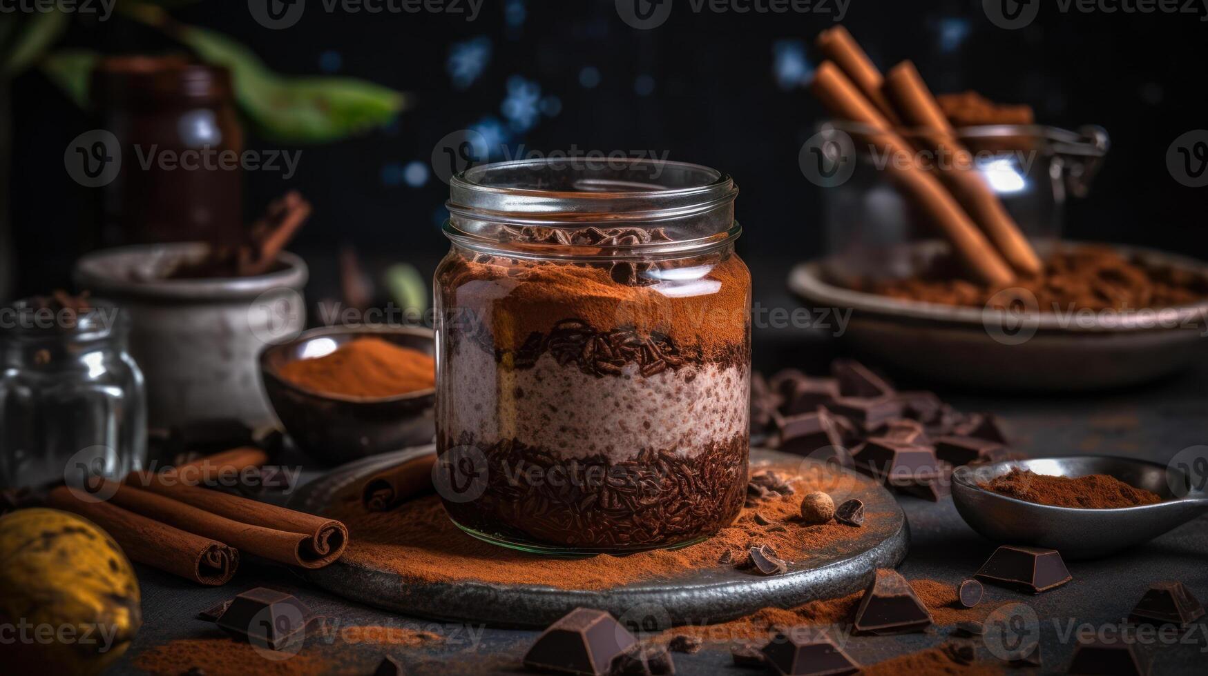 sweet dessert chocolate pudding with coconut in dark background photo