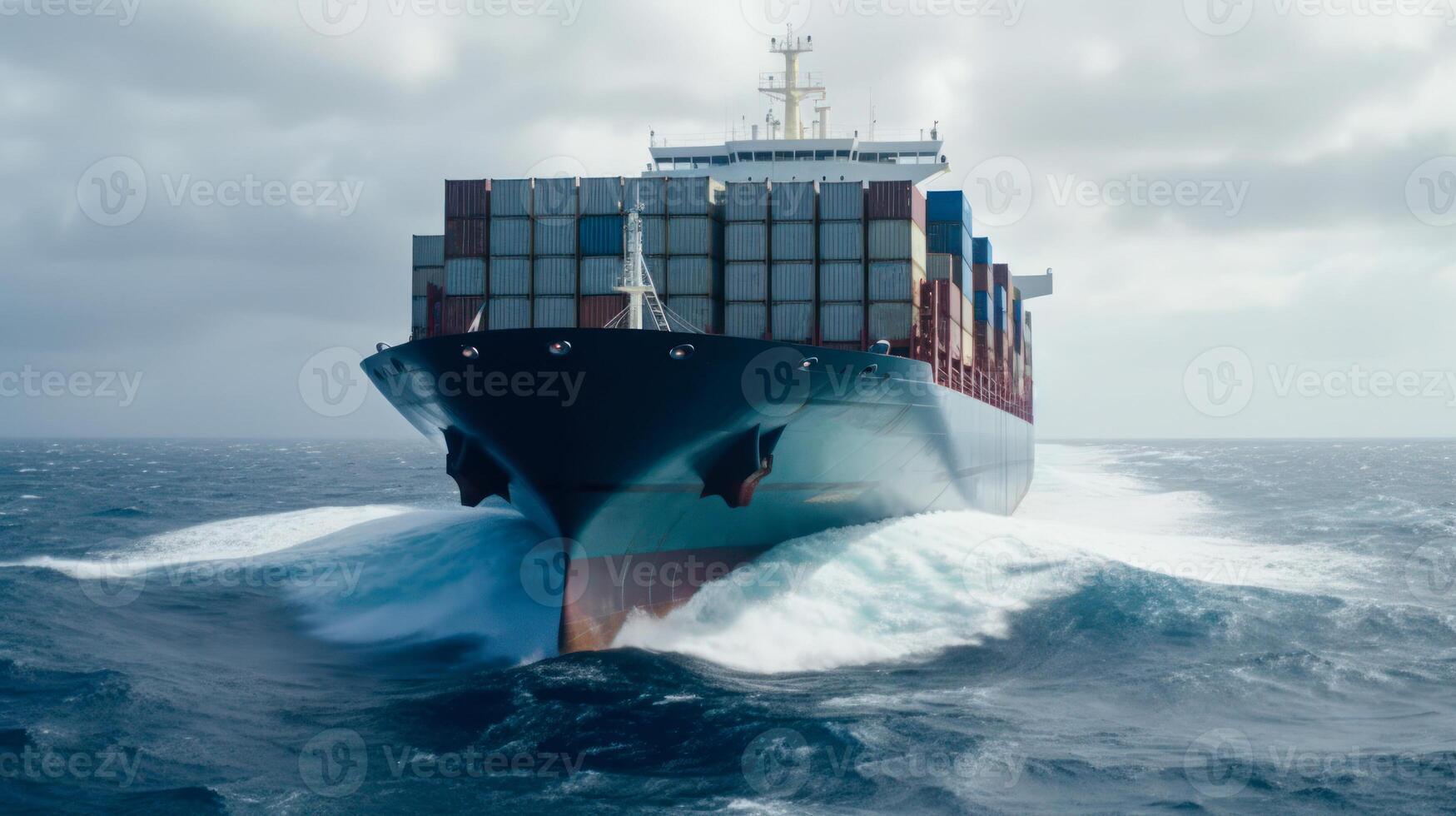 cargo ship with containers in ocean, international sea delivery photo