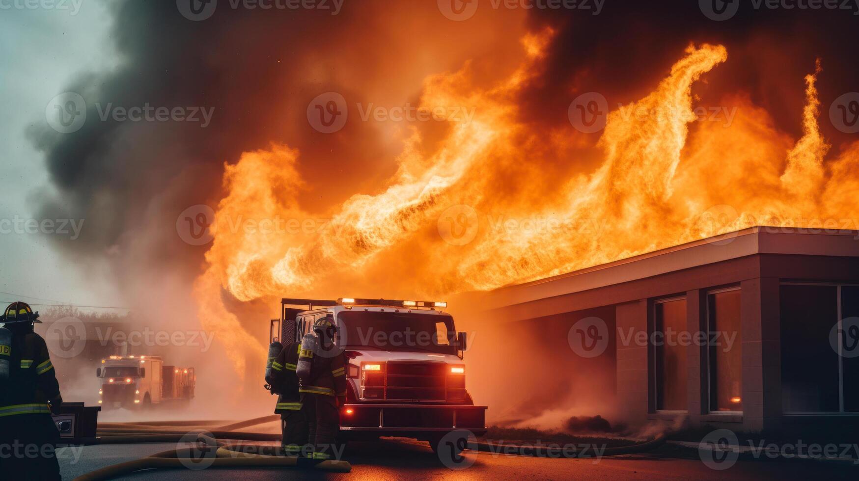 firefighters put out a burning house photo