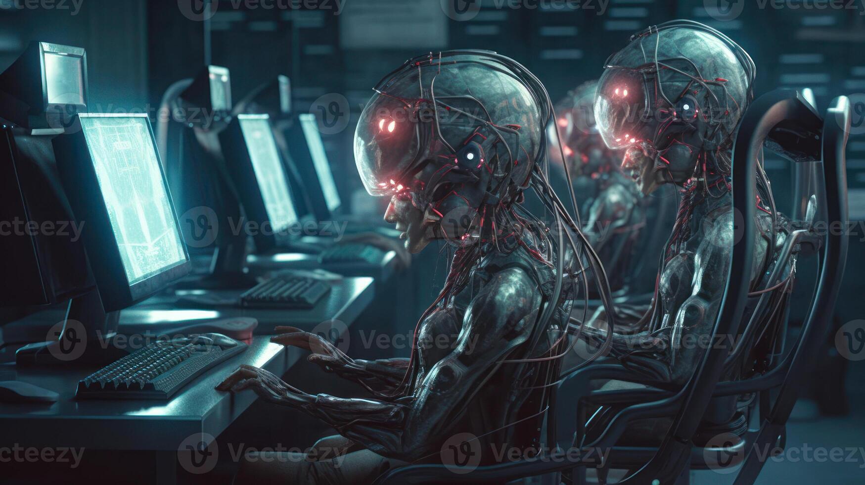 robots team work in laptop artificial intelligence search information training education photo