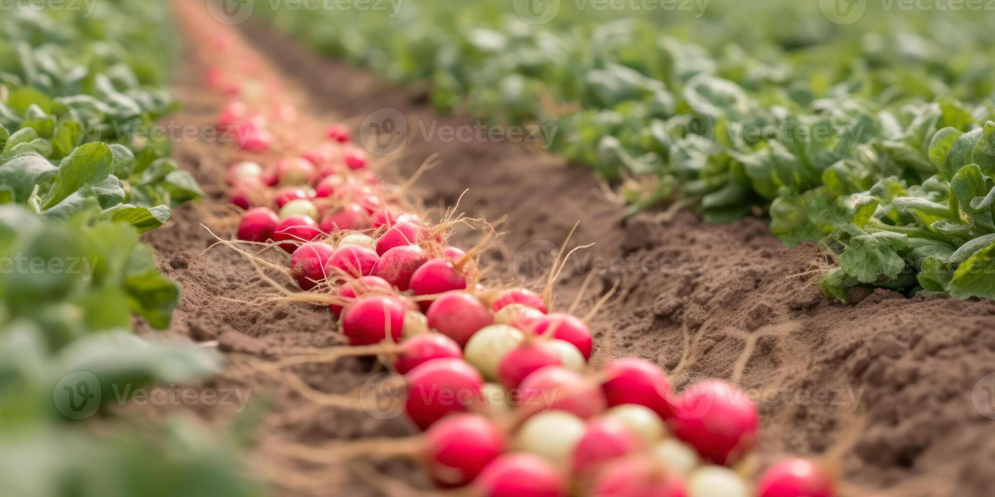 harvesting red radishes in field photo