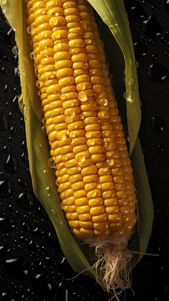 Fresh Corn seamless background, adorned with glistening droplets of water. Top down view, generat ai photo