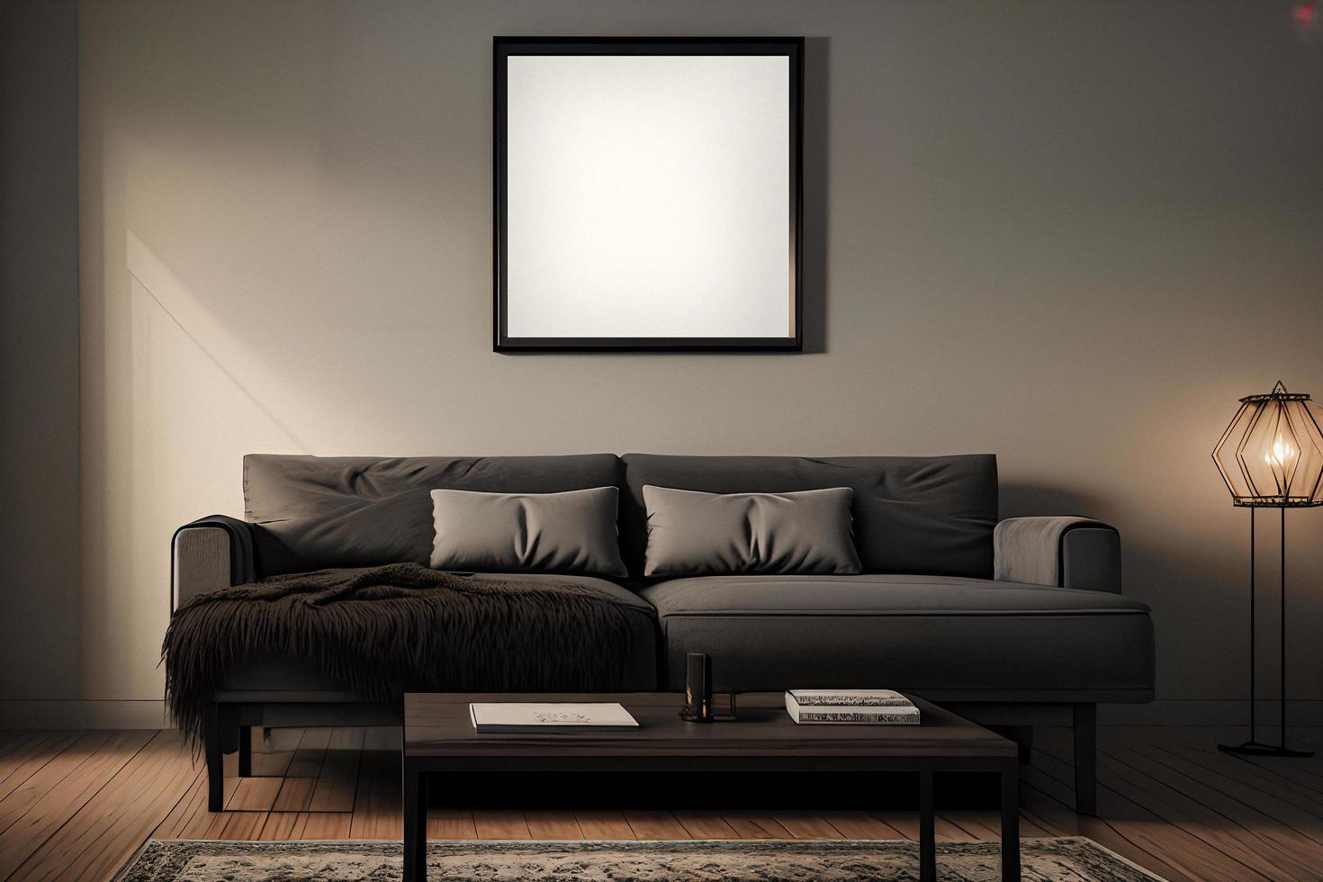 Mockup of square black frame with sofa in dark classic interior photo