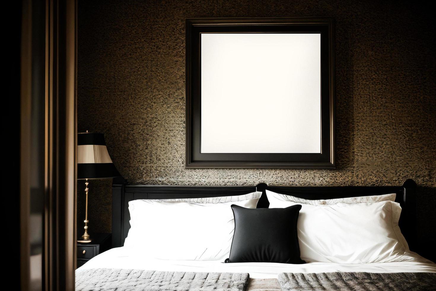 Mockup of square black frame with bed in dark classic interior photo