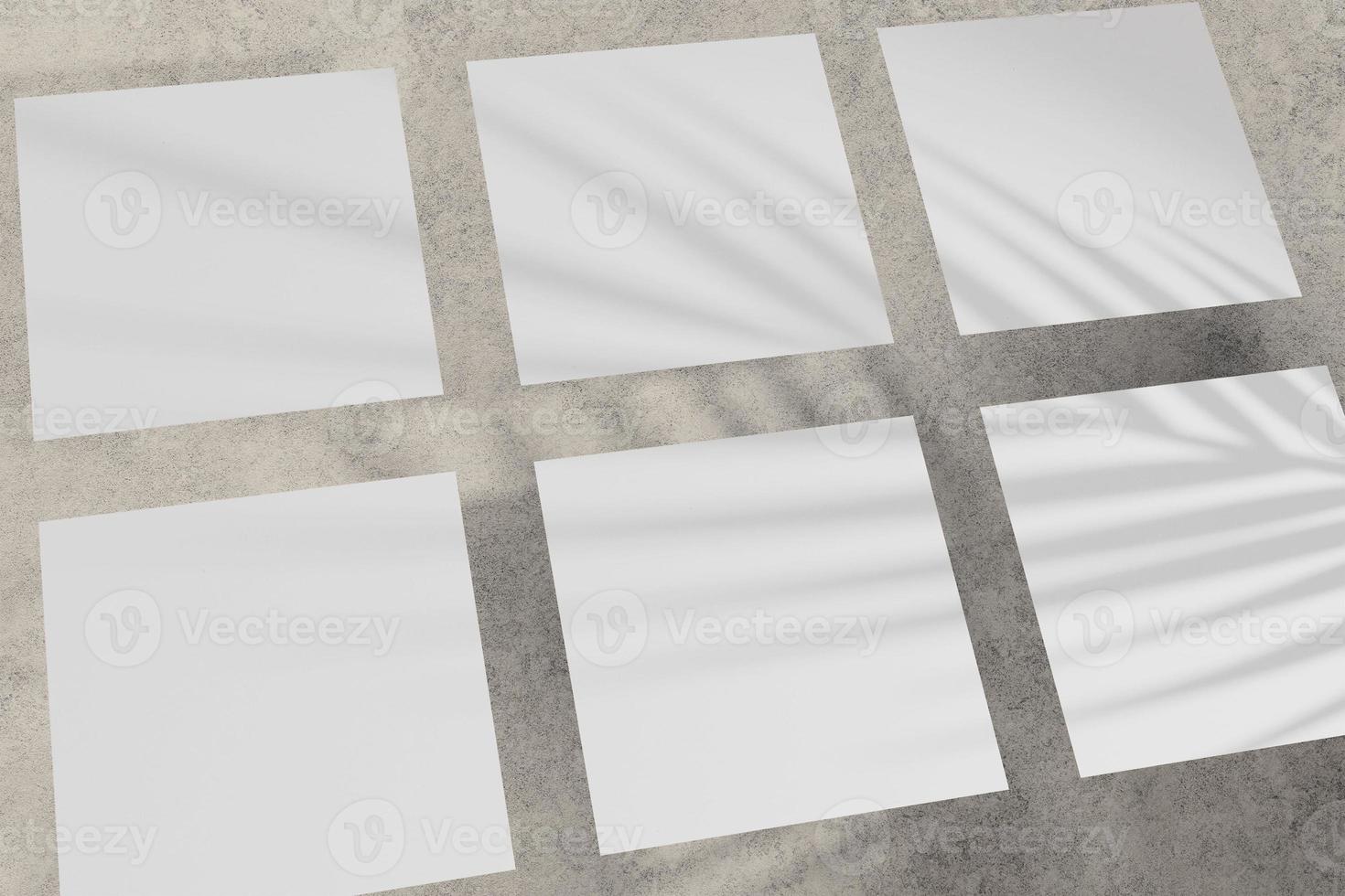 Mockup of six square greeting cards with palm leaf shadow overlay photo