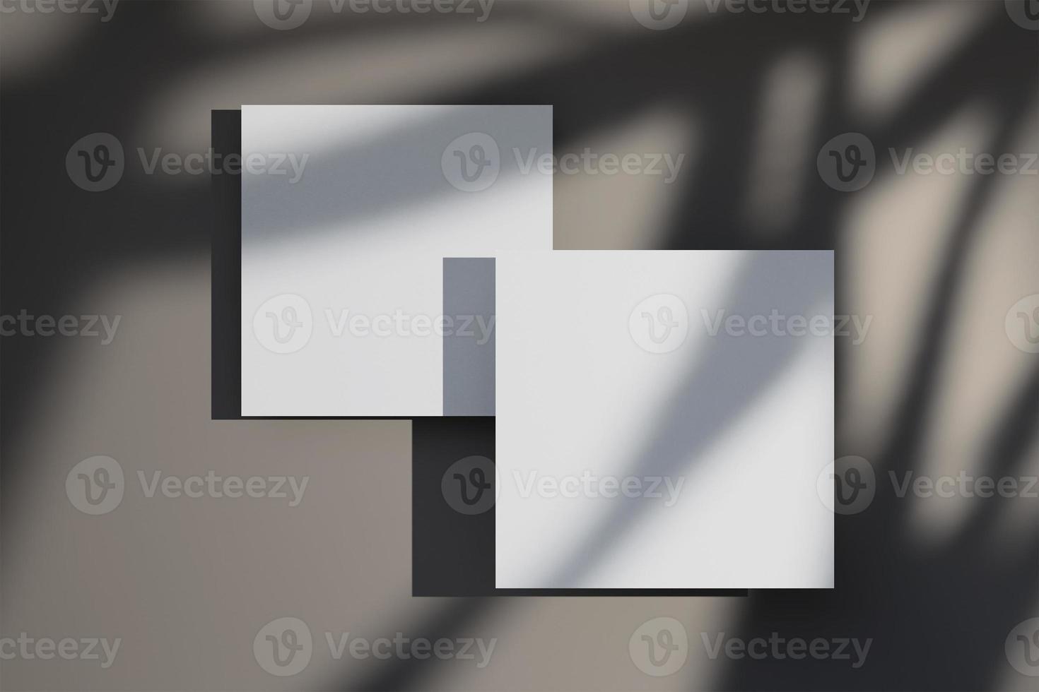 Mockup of two square greeting cards with leaf shadow overlay photo