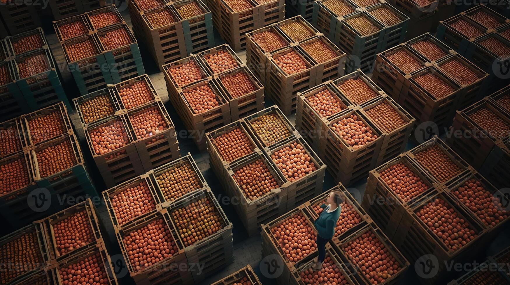 trabajador en pie por manzana Fruta cajas en orgánico comida fábrica depósito, generado ai imagen foto