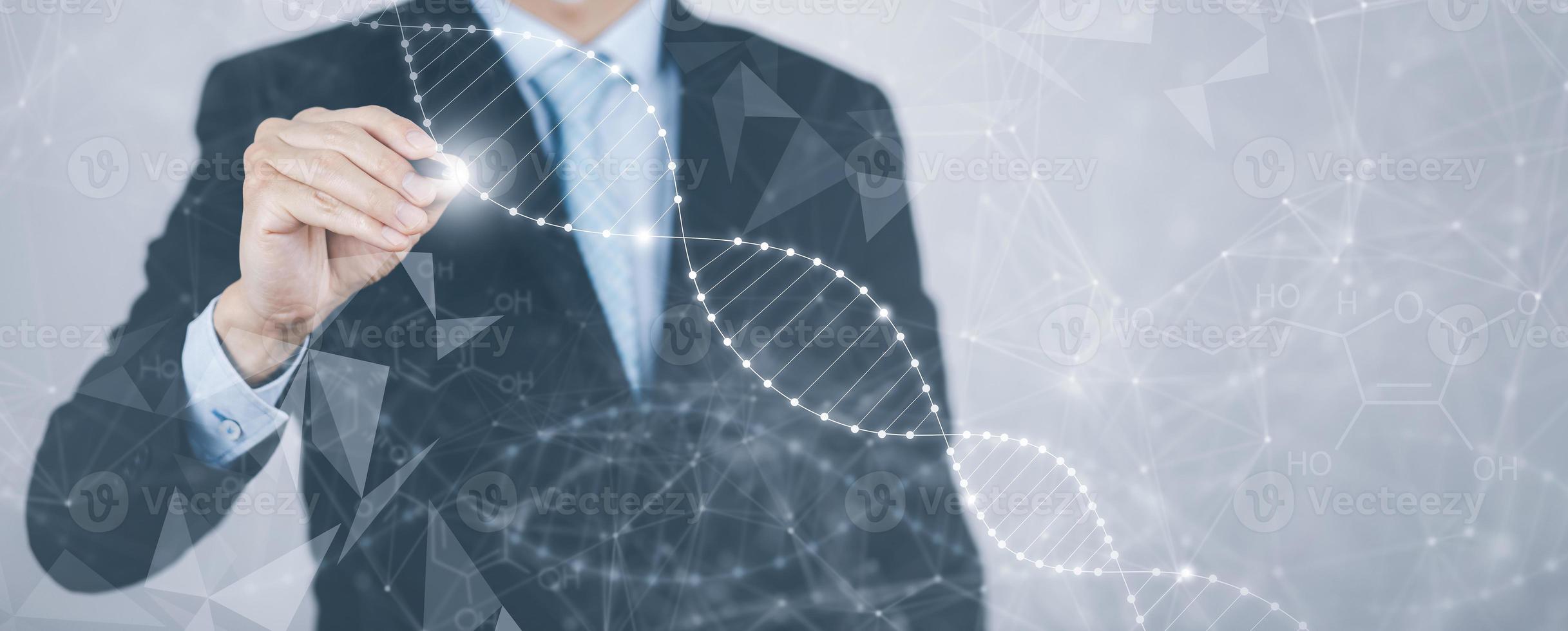 Businessman touch presenting DNA molecule research on the white background concept, Creation technologies for connection Mixed media,blurred background using digital network connection 3D rendering photo