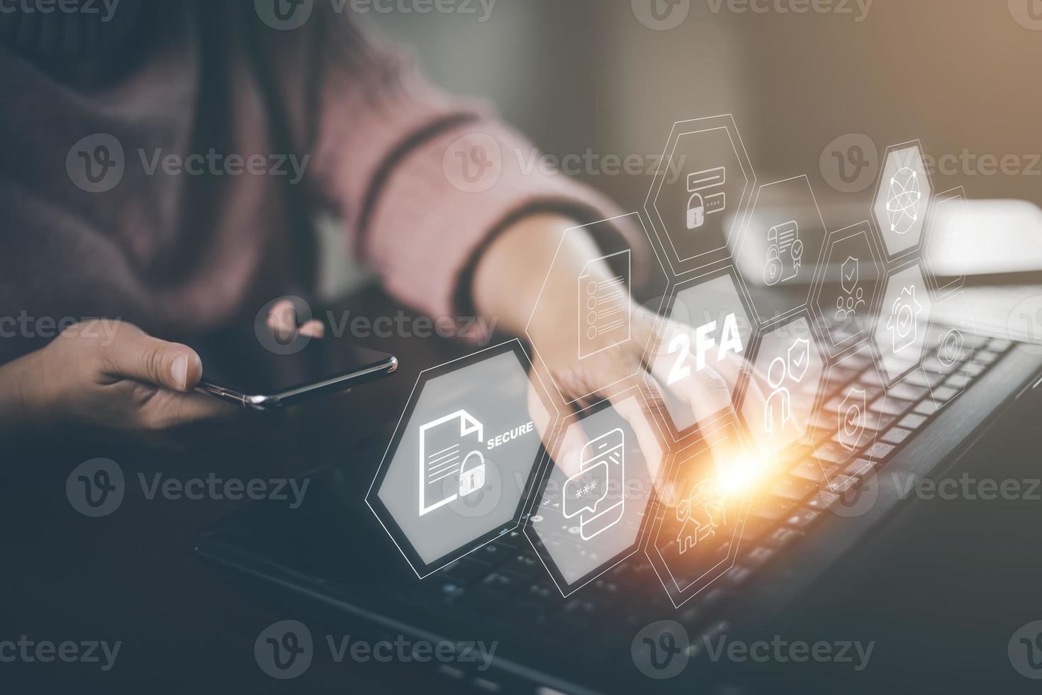 Smartphone with Cybersecurity privacy protect data. 2FA internet network security technology, Two Factor Authentication, Cyber Security privacy protect data, Protection hacked connections photo