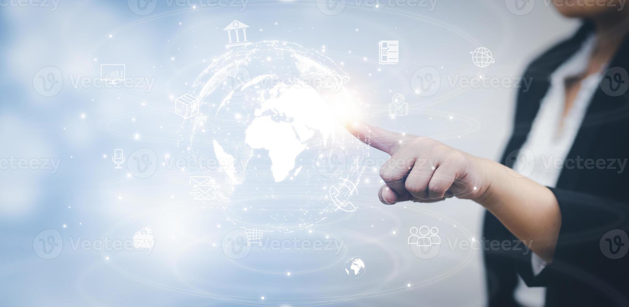 Businesswoman holding connections system and global data exchange. ,Business network connection concept. hologram screen displaying modern web system Wireless connection futuristic concept photo