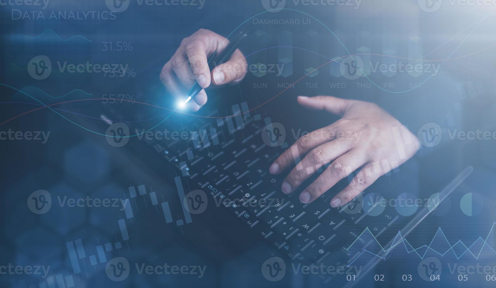 Man Hand touch Cybersecurity concept, man working in sunny office on laptop while sitting at wooden desk, digital screen background, virtual global connection icon, interface diagram, blur graph. photo