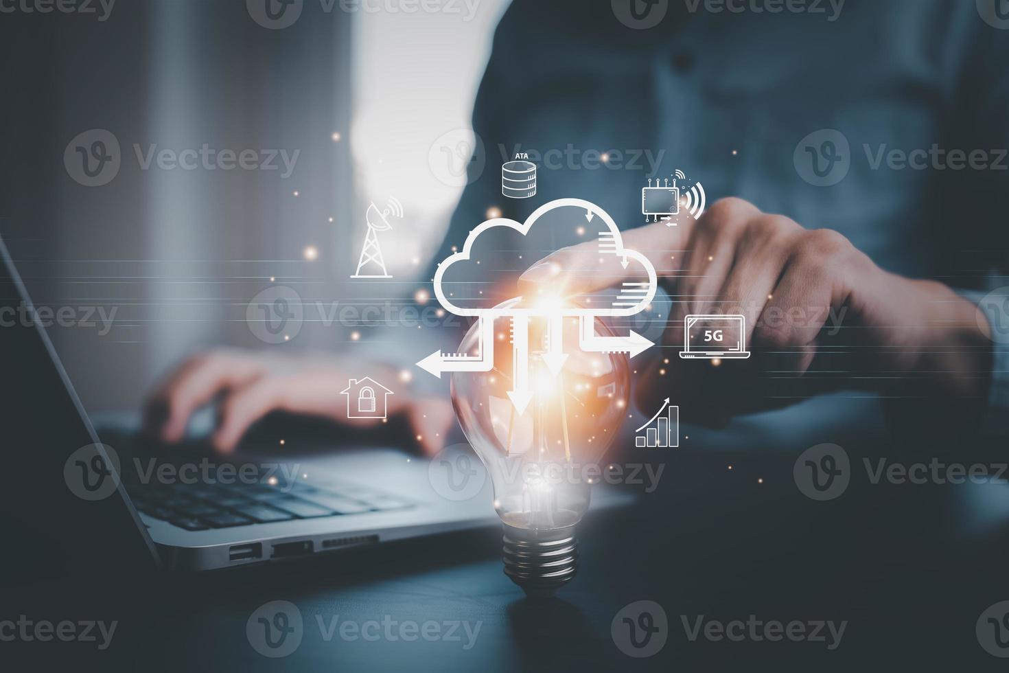 Businessman holding Light bulb Global Internet connection with Cloud technology, Data storage Networking and internet service, global internet connection application technology , Financial and banking photo