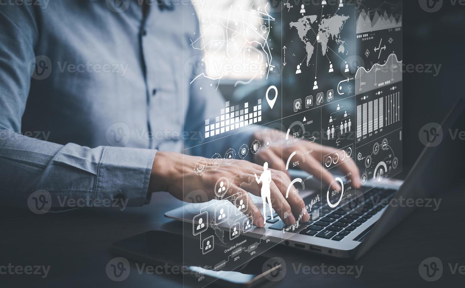 Working Data Analytics and Data Management Systems and Metrics connected to  corporate strategy database for Finance, Intelligence, Business Analytics  with Key Performance Indicators, social network 23056325 Stock Photo at  Vecteezy