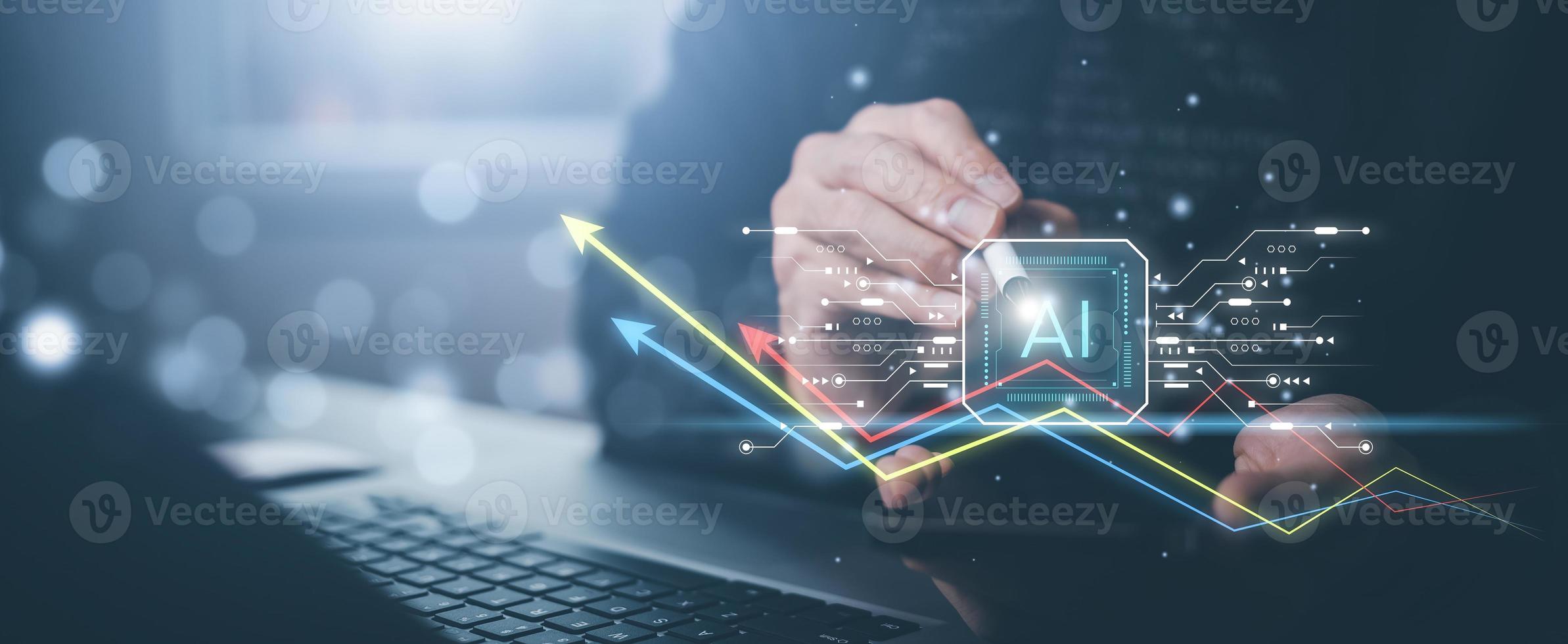 Programmer people working laptops or smartphones with AI, artificial intelligence software engineer coding on laptop computers with technology icons and binary code, big data, Ai bot digital machine photo