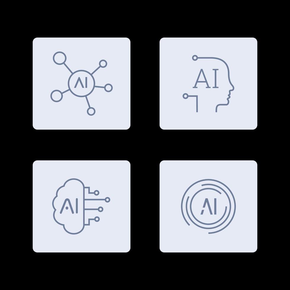 AI Artificial Intelligence icon set inline style, machine learning, smart robotic and cloud computing network digital AI technology internet solving algorithm vector illustration