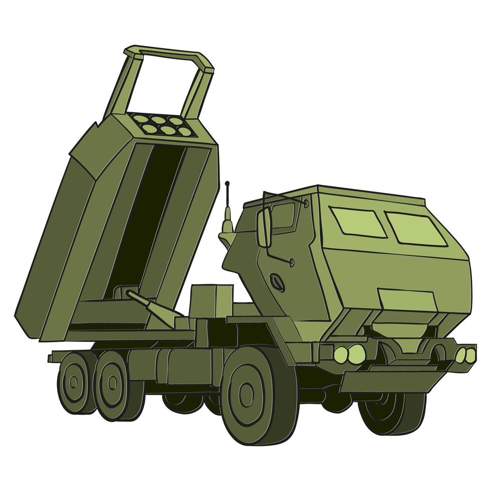 HIMARS Doodle in flat style. Artillery Rocket System. Tactical truck. Colorful vector illustration isolated on white background.