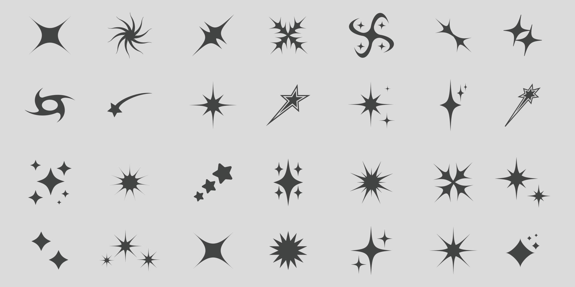 Retro futuristic sparkle icons in y2k style. Set of star shapes. Abstract cool shine effect sign vector design. Templates for design, posters, projects, banners, logo, and business cards