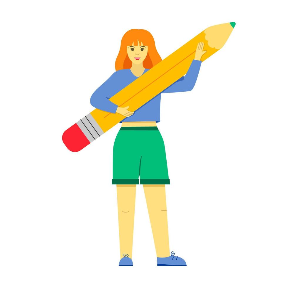 Happy woman holds large pencil. Concept of education, copywriting, creativity, achievement, blogging. Cute funny isolated character. Young student stands with pen. Vector flat illustration