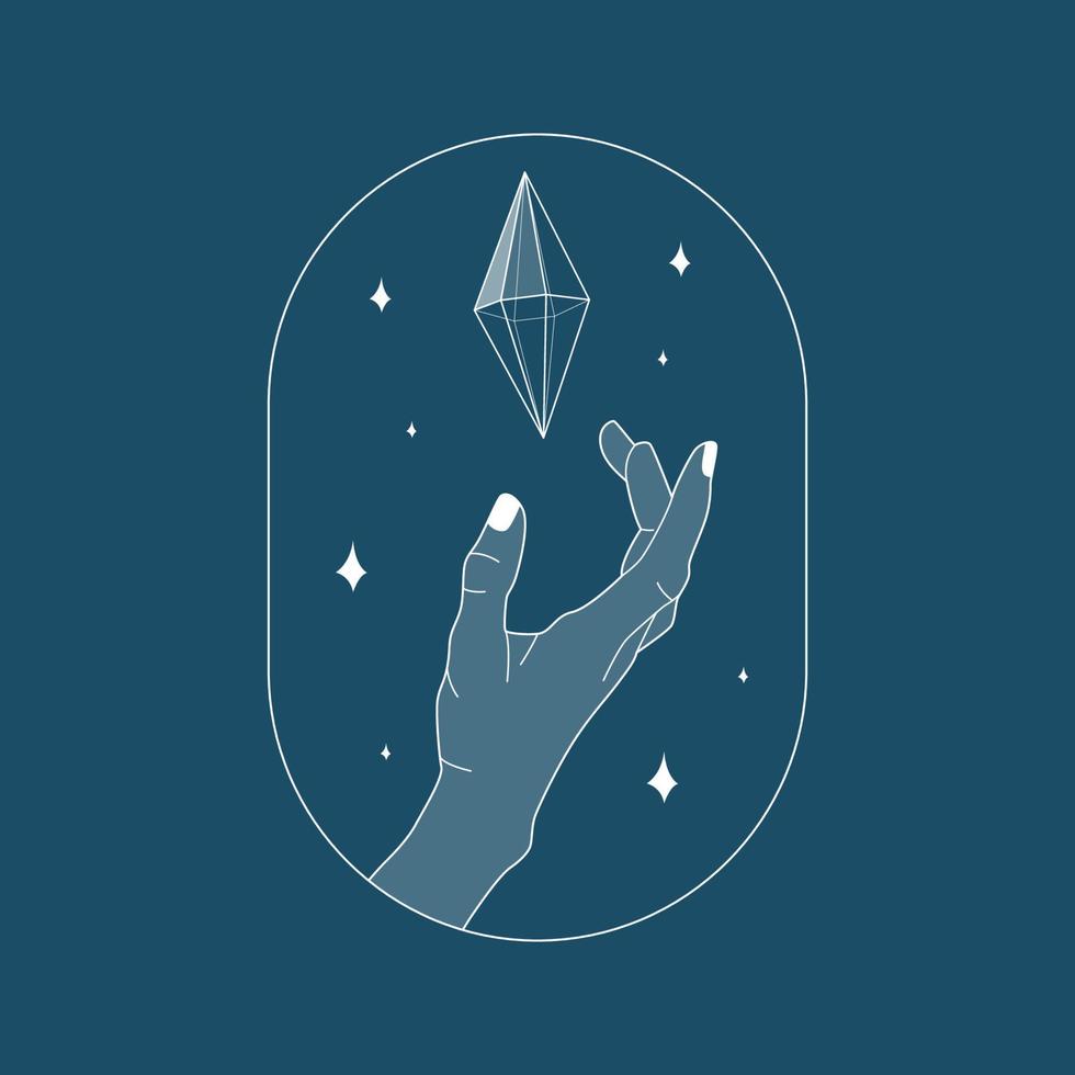 Hand reaching for the crystal gem outline illustration. Magic crystal concept. Modern vector illustration. Transparent line art gem with stars. Minimalistic sticker design for web.