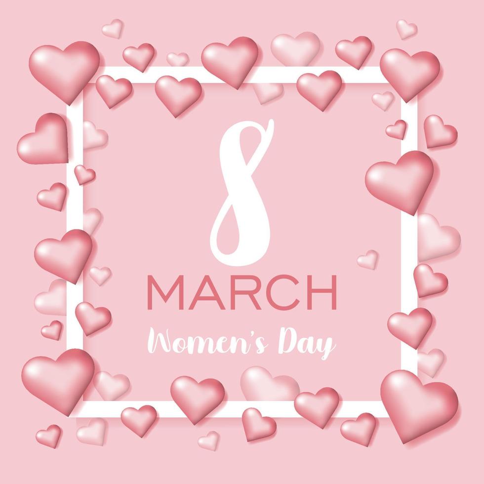 Pink 3D Hearts Greeting card - International Women's Day. 8 March holiday background with 3D frame and pink hearts. Happy Mother's Day. Trendy Design Template. Vector illustration.