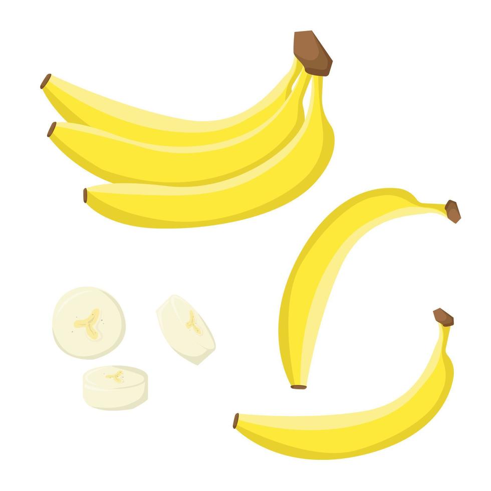 Bunches of banana fruits, banana slice isolated on white background. Vegan food vector icons in a trendy cartoon style. Healthy food concept.Vector illustration