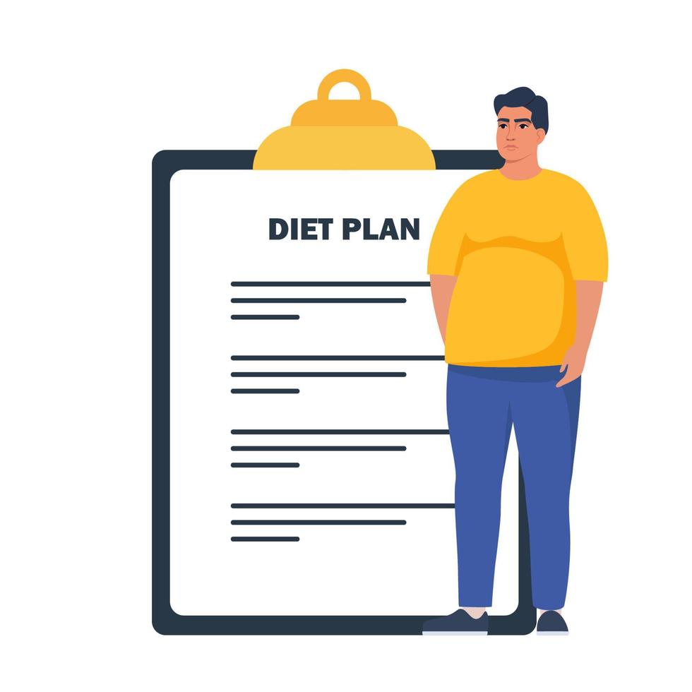 Plus size man standing in front of big diet plan checklist. Vector illustration.