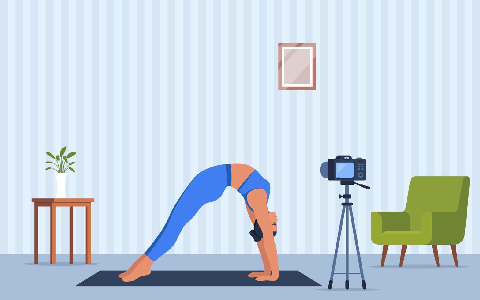 Female character doing yoga exercises at home recording video with camera on tripod. Social network blogging, healthy lifestyle concept. Sport streming. Vector illustration.