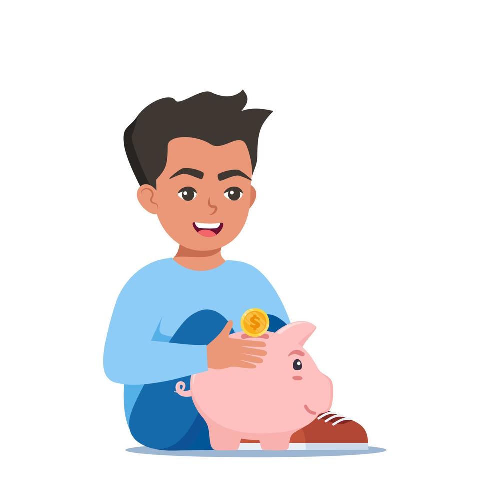 contento chico niño poniendo un oro moneda dentro un cerdito banco. dinero ahorro, economía. vector ilustración.