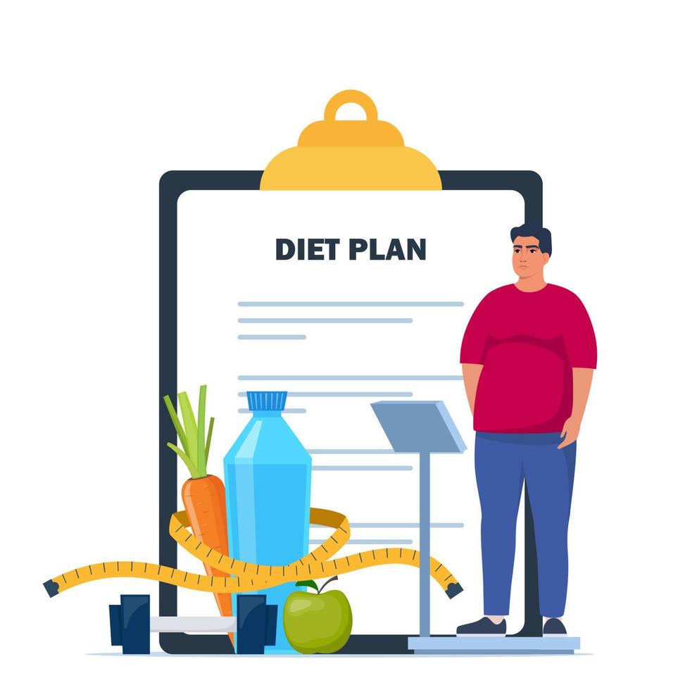 Fat man standing on weigh scales. Diet plan checklist. Healthy food and sports. Vector illustration.