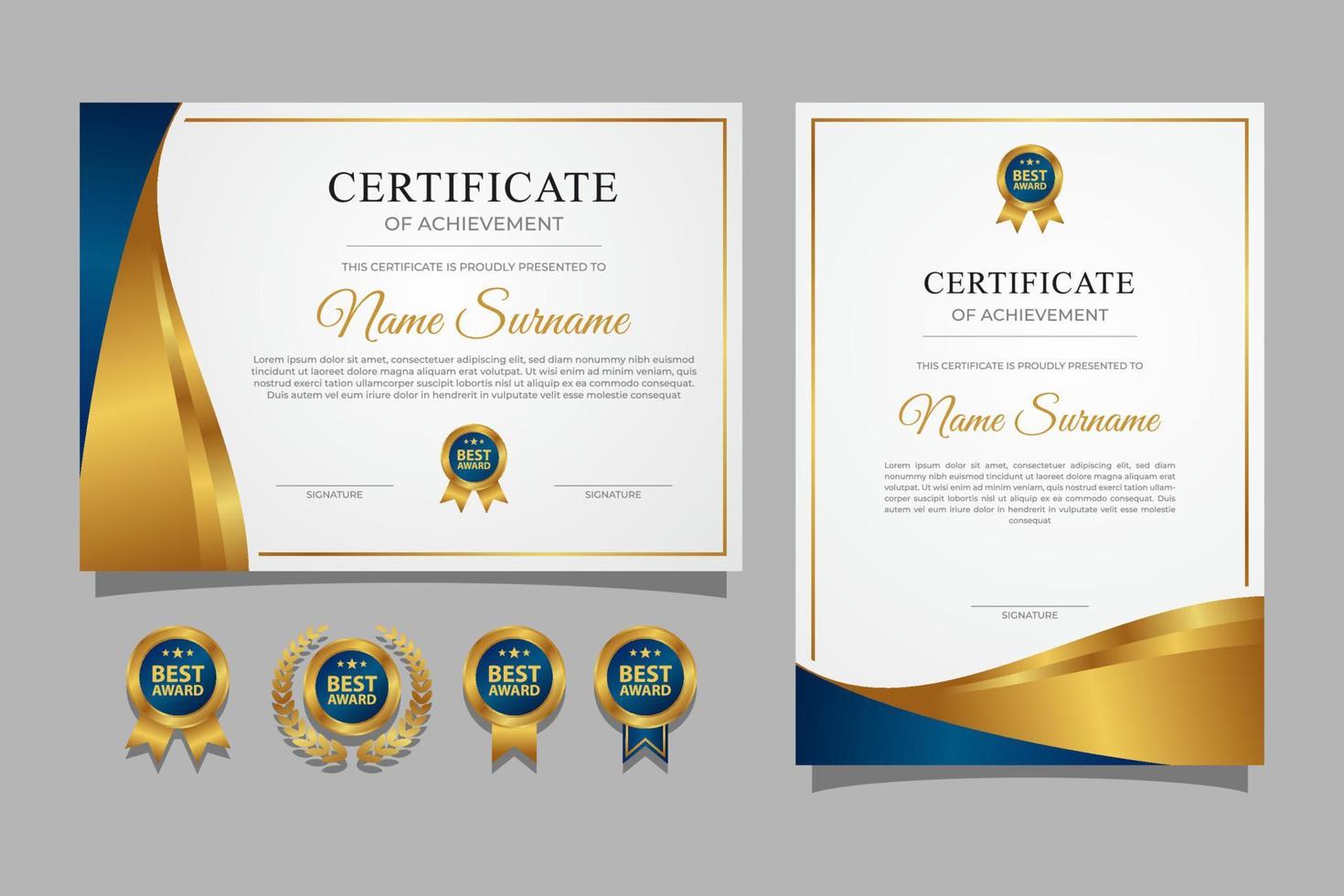 Luxury gold and blue certificate with gold badge and border template vector