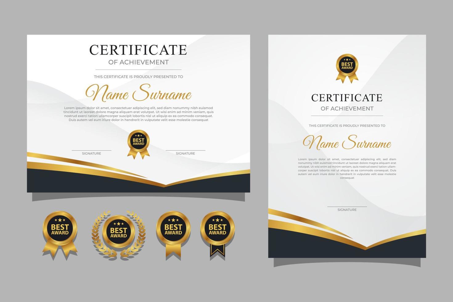 Black and gold certificate with badge and border for business and diploma template vector