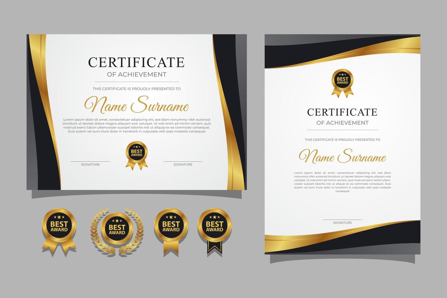 Black and gold certificate with badge and border for business and diploma template vector