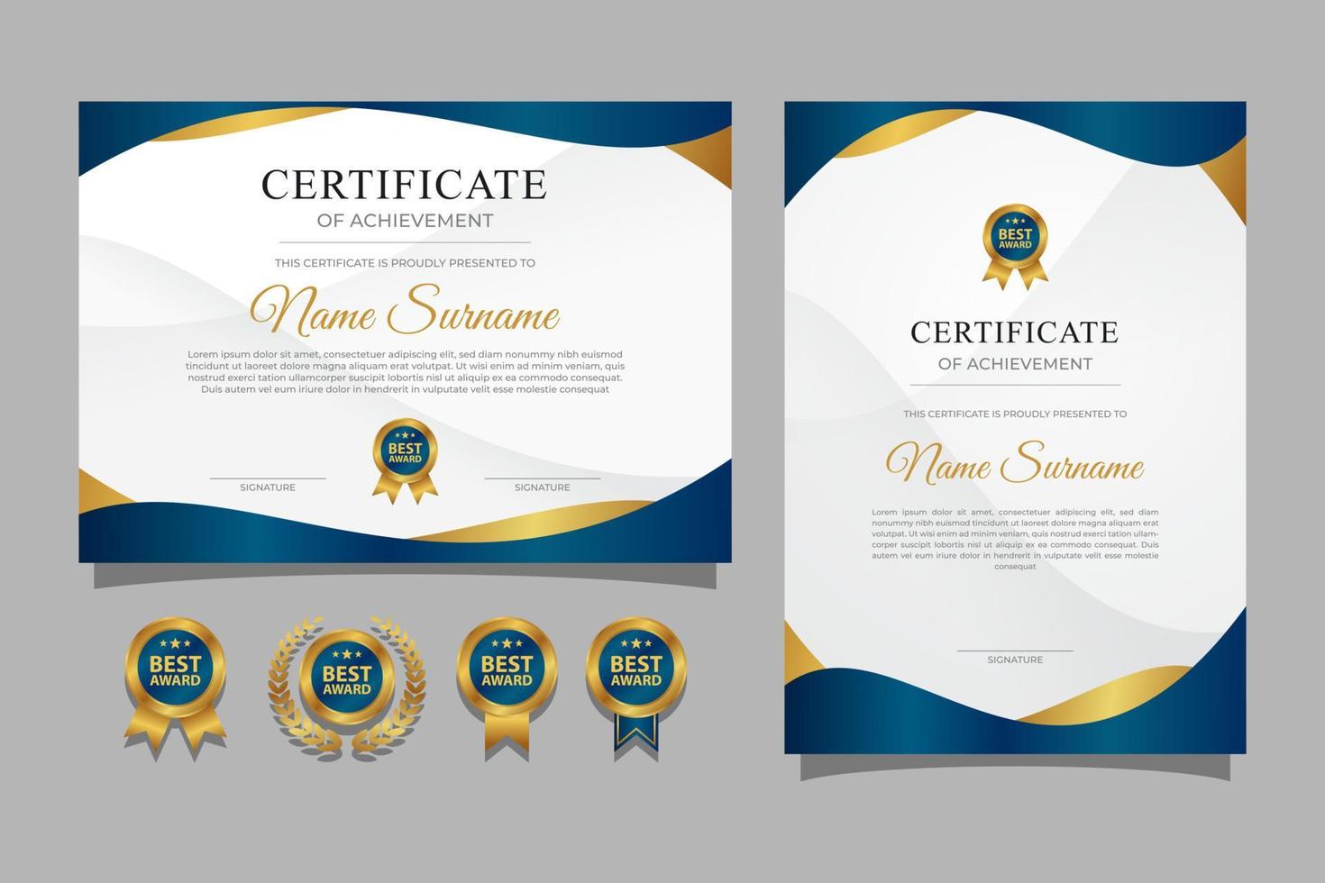 Blue and gold certificate of appreciation border template with luxury badges and modern line pattern vector