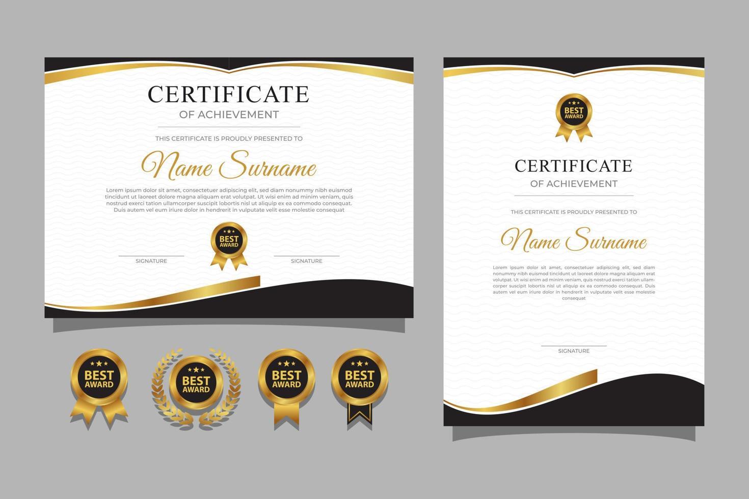 Black and gold certificate with badge and border for business and diploma template vector