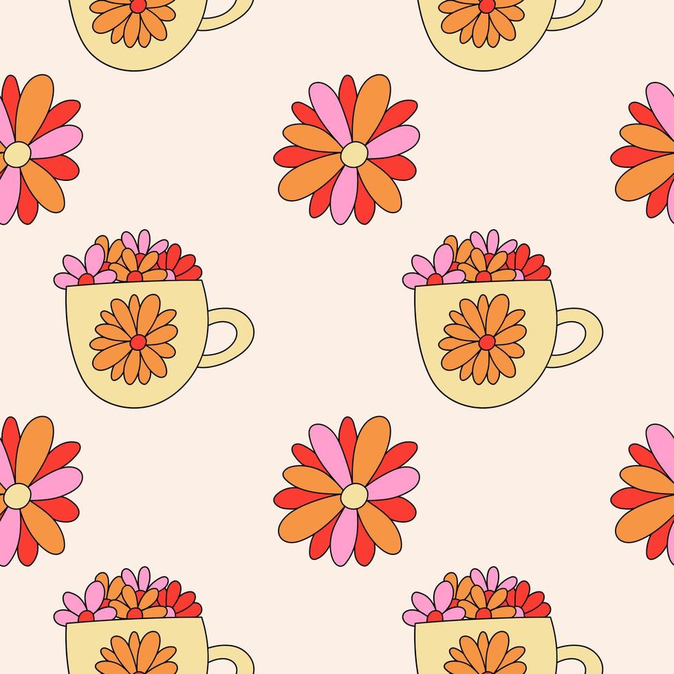 Retro daisy flower seamless pattern. 1970 vibes retro floral seamless background. vector