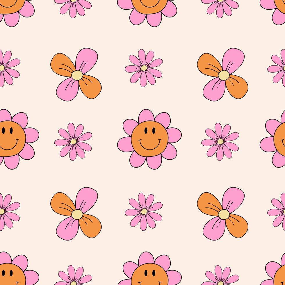 Retro daisy flower seamless pattern. 1970 vibes retro floral seamless background. vector