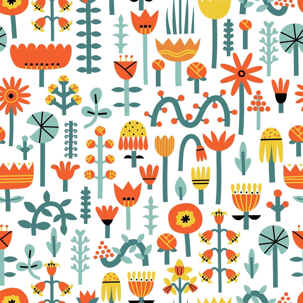 pattern with flowers in flat scandinavian style. hand drawn vector illustration.