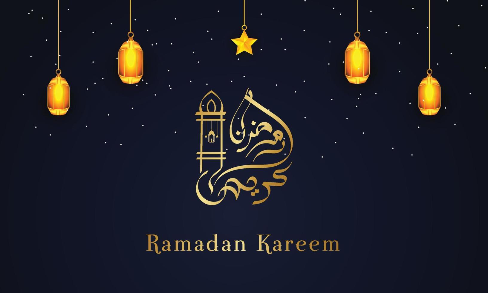 Ramadan kareem greetings islamic occasion background with arabic caligraphy, lanterns, star, ornamental decorative background vector