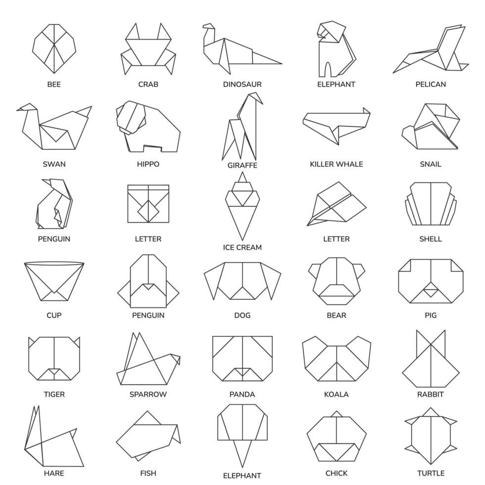 Set of isolated animals, insects, birds and objects in flat style. Outline Origami logo, icons on white background. Vector illustration