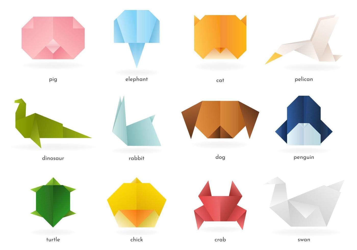 Collection of various origami animals and birds featuring vibrant gradient colors. Vector illustration. isolated Origami icons.