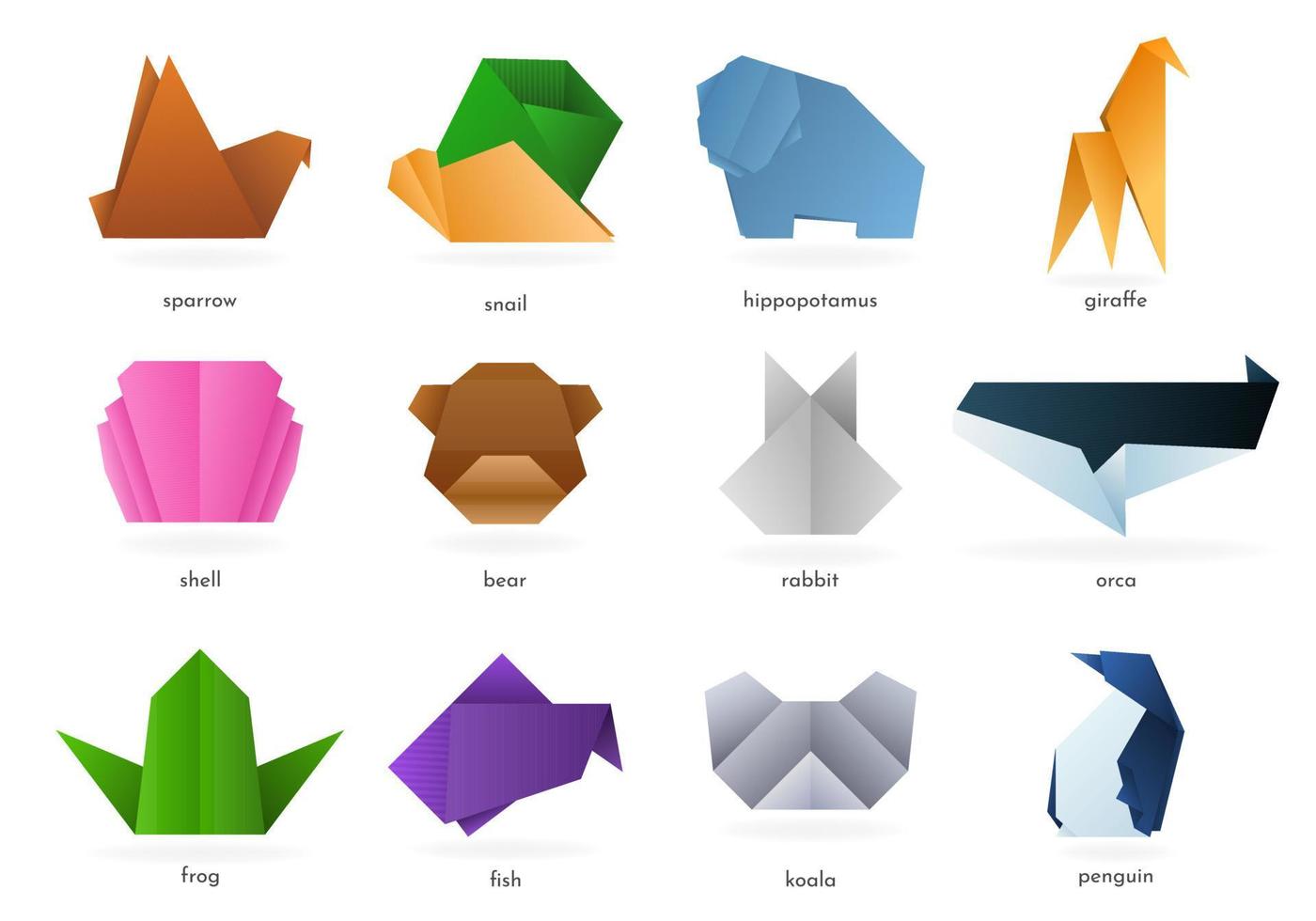 Collection of various origami animals, birds and fish featuring vibrant gradient colors. Vector illustration. isolated Origami icons.